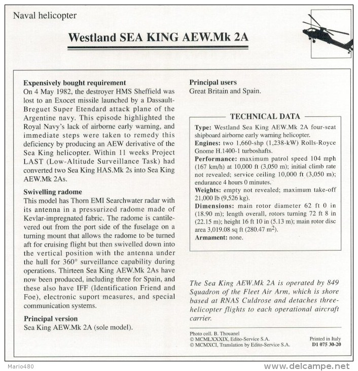 WESTLAND  SEA  KING  AEW.MK 2A     2 SCAN   (NUOVO CON DESCRIZIONE E SCHEDA TECNICA) - Elicotteri