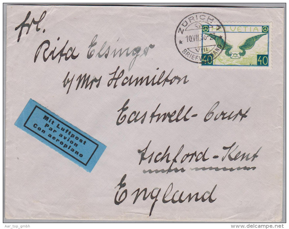 Schweiz R-Luftpost Brief 1936-07-10 Zürich Nach England - Premiers Vols