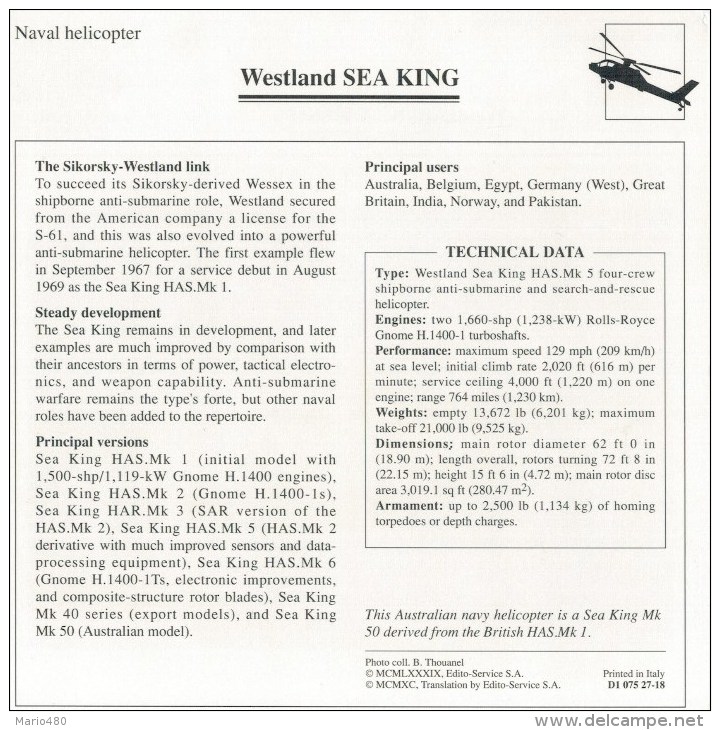 WESTLAND  SEA  KING     2 SCAN     (NUOVO CON DESCRIZIONE E SCHEDA TECNICA) - Elicotteri