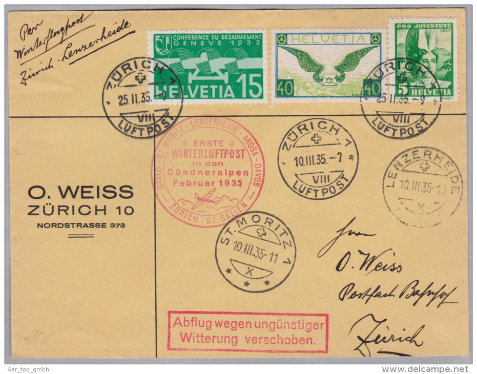 Schweiz Luftpost Brief 1935-02-25 ErsteWinterluftpost Bündneralpen "Wegen Witterung Verschoben" - Primi Voli