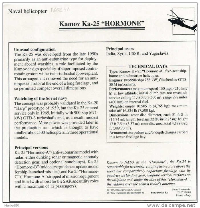 KAMOV  KA-25  "HORMONE"    2 SCAN   (NUOVO CON DESCRIZIONE E SCHEDA TECNICA) - Elicotteri