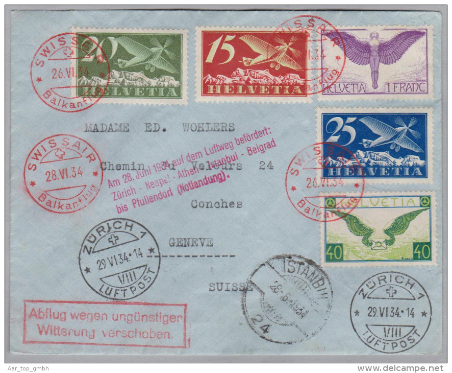 Schweiz Flugpost 1934-06-26 Swissair Balkanflug Nach Genf Transit Stempel Stambul - Eerste Vluchten