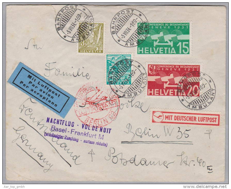 Schweiz Flugpost 1934-07-05 Bahnpost Ambulant Brief Nach Berlin Nachtflug Basel-Frankfurt - Premiers Vols