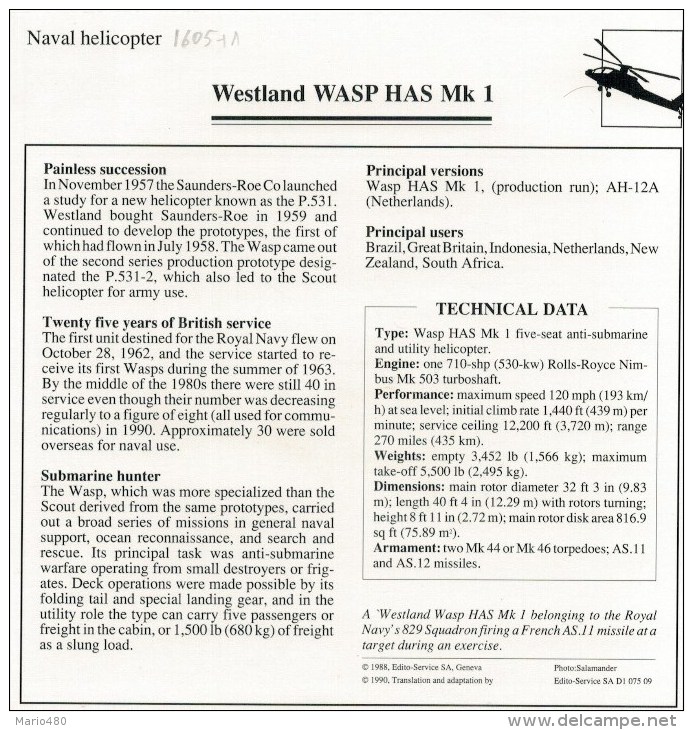 WESTLAND  WASP  HAS  MK  1     2 SCAN   (NUOVO CON DESCRIZIONE E SCHEDA TECNICA) - Hélicoptères