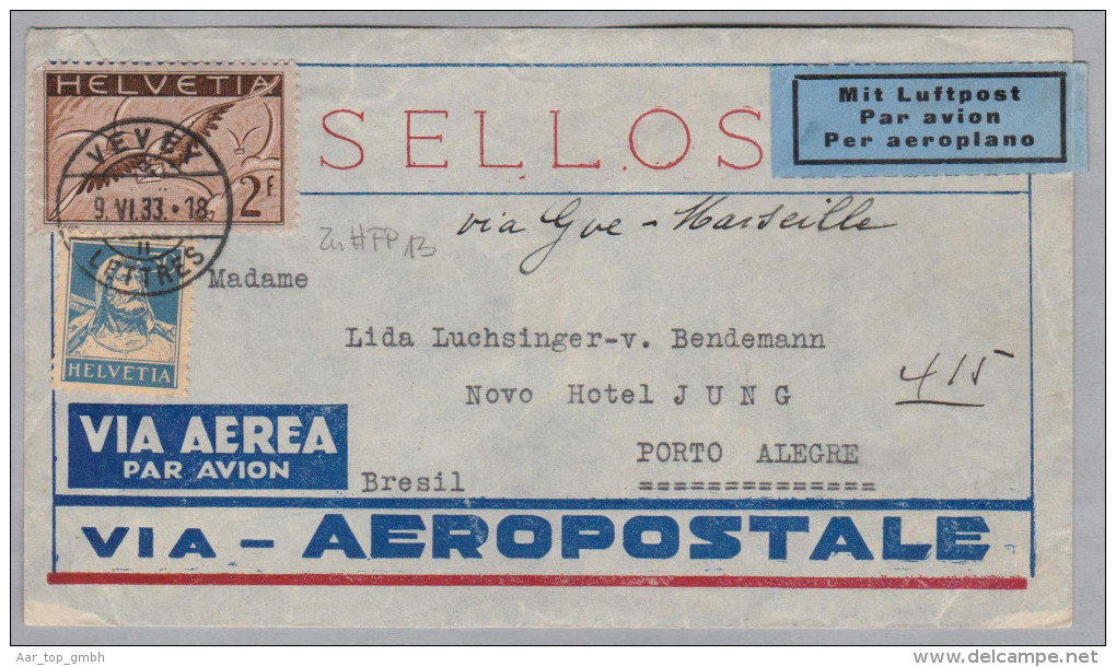 Schweiz Flugpost 1933-06-09 Vevey Nach Porto Allegre Brief - Erst- U. Sonderflugbriefe