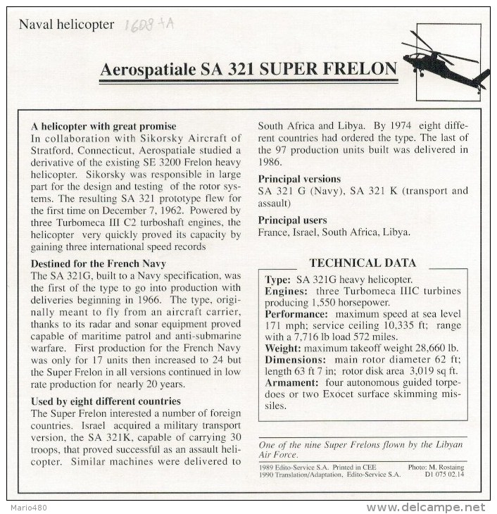 AEROSPATIALE  SA  321  SUPER FRELON      2 SCAN   (NUOVO CON DESCRIZIONE E SCHEDA TECNICA) - Elicotteri