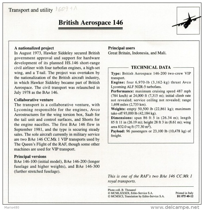 BRITISH  AEROSPACE   146      2 SCAN   (NUOVO CON DESCRIZIONE E SCHEDA TECNICA) - Elicotteri