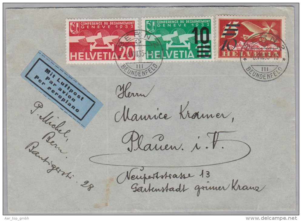Schweiz Flugpost 1935-08-06 Bern 2 Brief Nach Plauen D. - Primi Voli
