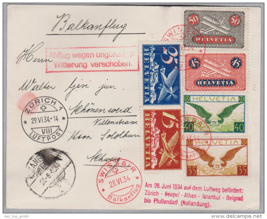 Schweiz Flugpost 1934-06-29 Zürich Swissair Balkanflug Brief Nach Schönenwerd - Erst- U. Sonderflugbriefe