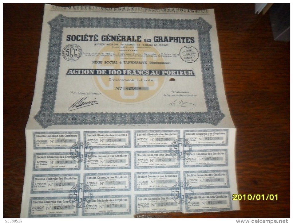 1931- ACTION De 100 Frs  (Soc/GENERALE Des GRAPHITES  ++COUPONS) MADAGASCAR - Africa