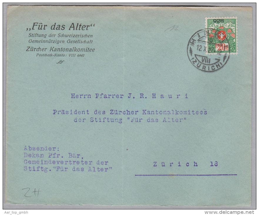 Heimat ZH HINWIL 1927-10-12 Portofreiheit Gr#928 Auf Brief "Für Das Alter" Nach ZH - Vrijstelling Van Portkosten