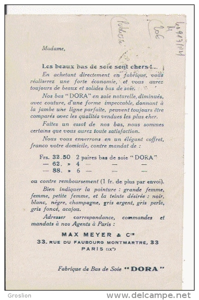 CARTE ANCIENNE PUBLICITAIRE BAS DE SOIE DORA 1922(ILLUSTRATION) - Publicité