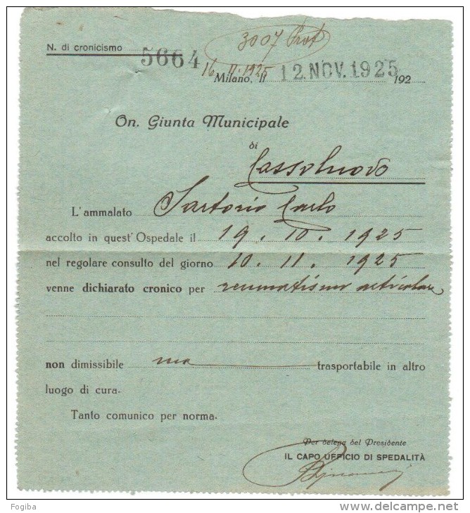BT178   1925 Biglietto Postale Consiglio Degli Istituti  Ospitalieri Milano Per Cassolnovo, Michetti 60c. - Storia Postale