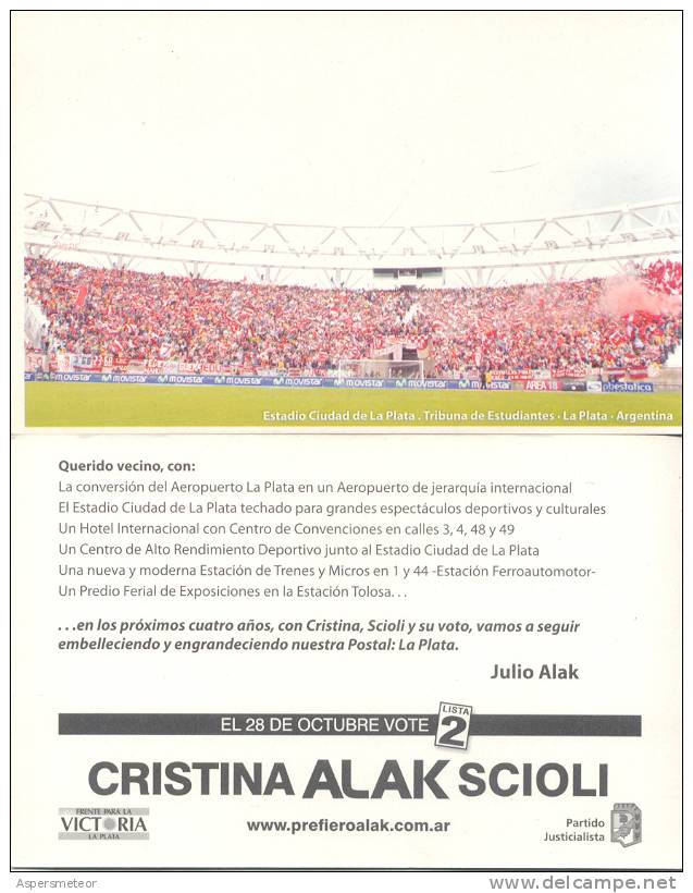 ESTADIO CIUDAD DE LA PLATA TRIBUNA DE ESTUDIANTES LA PLATA REPUBLICA ARGENTINA TARJETA DE PROPAGANDA POLITICA - Calcio