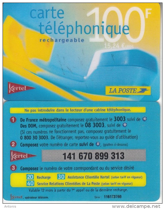 FRENCH ANTILLES - La Poste/Kertel Recharge Card 100 F/15.24 Euro, Used - Antilles (Françaises)