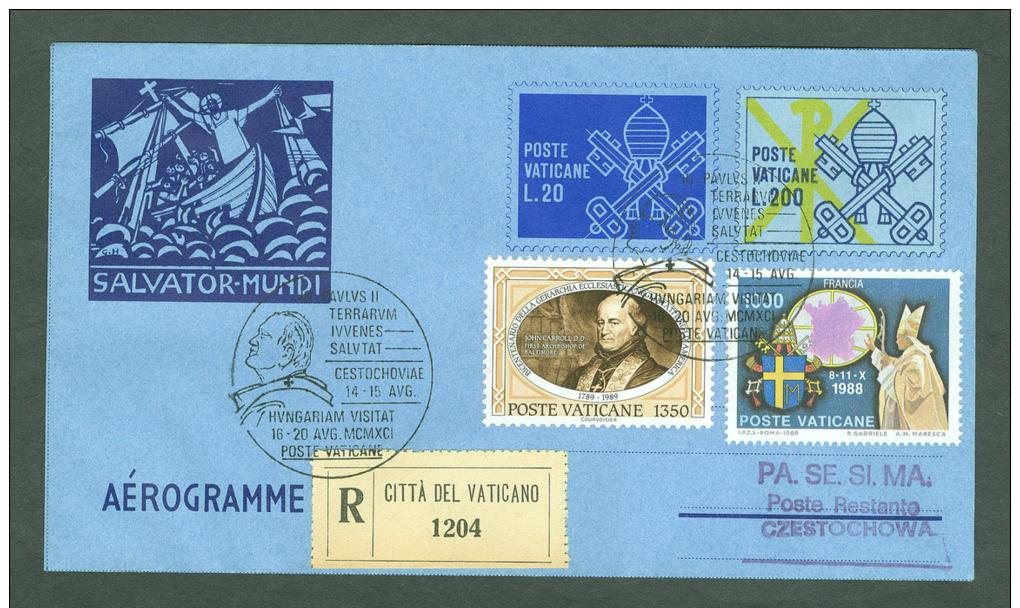 VATICAN VATICANO 1991 AEROGRAMME REGISTERED POPE JOHN PAUL II Travel To CZESTOCHO POLAND (WITH NEWSPAPER OF EVENT) (3037 - Lettres & Documents