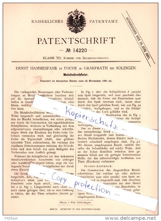 Original Patent - E. Hammesfahr In Foche In Graefrath Bei Solingen , 1880 , Metallschreibfeder !!! - Plumes