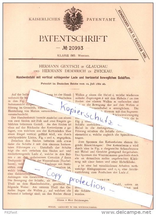 Original Patent - H. Gentsch In Glauchau Und H. Demmrich In Zwickau , 1882 , Weberei !!! - Glauchau