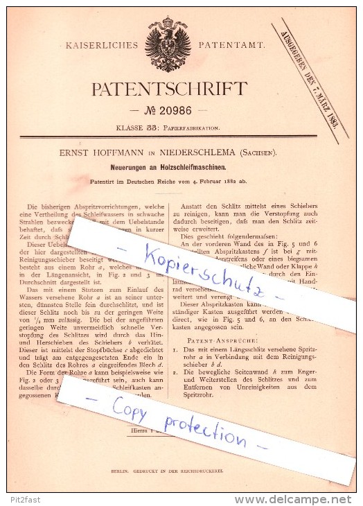 Original Patent - E. Hoffmann In Niederschlema , Sachsen , 1882 , Holzschleifmaschinen , Bad Schlema , Tischlerei !!! - Bad Schlema