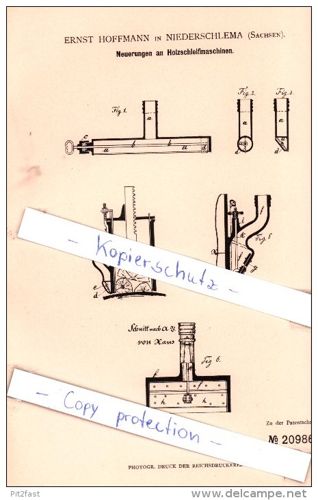 Original Patent - E. Hoffmann In Niederschlema , Sachsen , 1882 , Holzschleifmaschinen , Bad Schlema , Tischlerei !!! - Bad Schlema