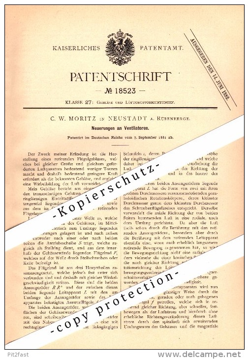 Original Patent - C.W. Moritz In Neustadt Am Rübenberge , 1881 , Ventilator , Gebläse , Landwirtschaft , Agrar !!! - Neustadt Am Rübenberge