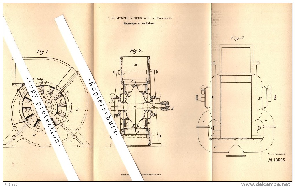 Original Patent - C.W. Moritz In Neustadt Am Rübenberge , 1881 , Ventilator , Gebläse , Landwirtschaft , Agrar !!! - Neustadt Am Rübenberge