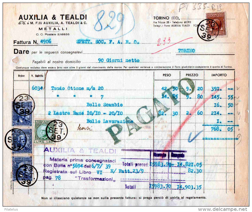 TORINO-DITTA AUXILIA & TEALDI-METALLI-23-9-1939- - Italy