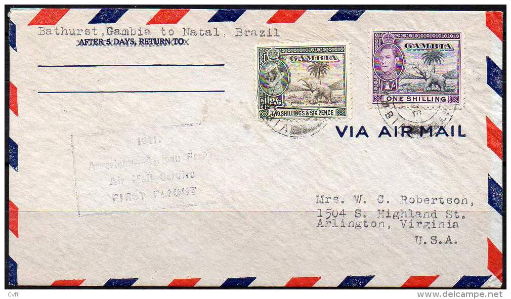 GAMBIA 1941 - FIRST FLIGHT To NATAL, BRAZIL - ELEPHANTS - Gambia (...-1964)