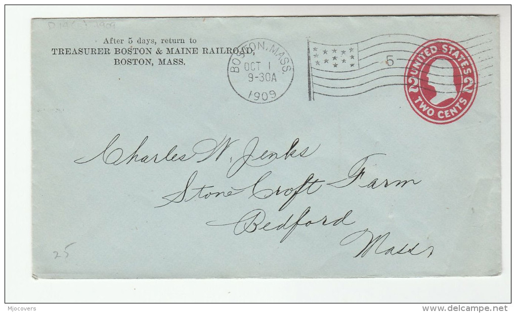 1909 BOSTON & MAINE RAILWAY Usa COVER Boston FLAG Cancel Pmk POSTAL STATIONERY To Bedford Mass United States Train - 1901-20