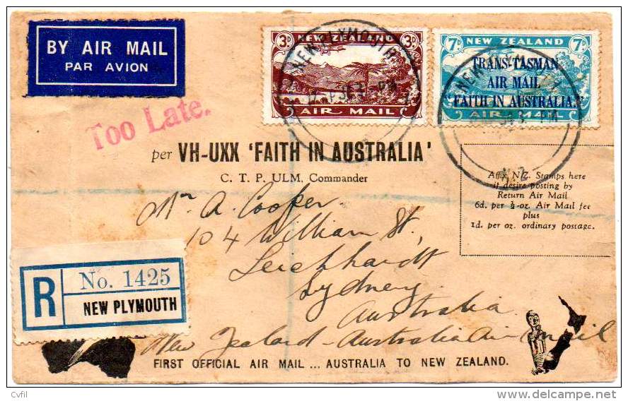 NEW ZEALAND 1934. First Flight New Zealand - Australia By FAITH IN AUSTRALIA - Poste Aérienne