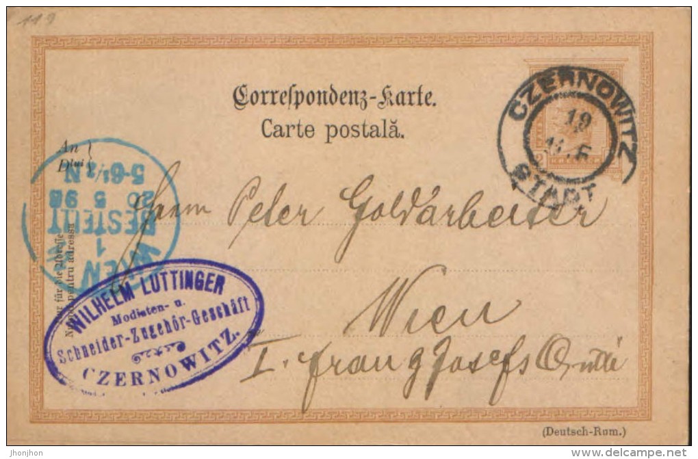 Austria/Romania -Postal Stationery Postcard Circulated In1898 From Czernowitz (Cernauti) At Vienna  - 2/scans - Storia Postale