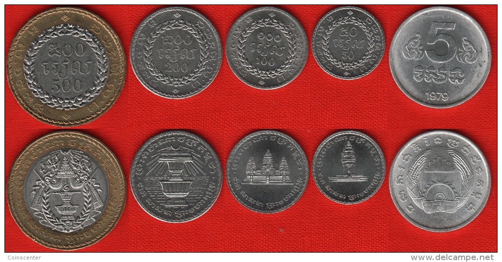 Cambodia Set Of 5 Coins: 5 Sen - 500 Riels 1979-1994 UNC - Cambodge