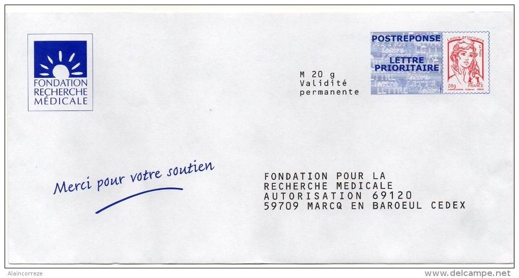 Entier Postal PAP Réponse Nord Marcq En Baroeul Fondation Recherche Médicale Autorisation 69120 N° Au Dos: 14P158 - PAP : Antwoord /Ciappa-Kavena