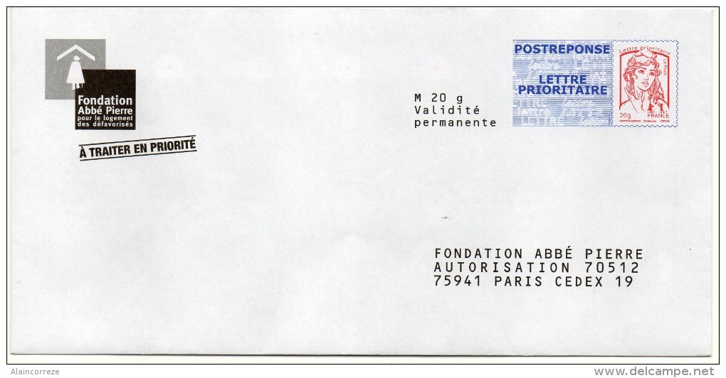 Entier Postal PAP Réponse Paris Fondation Abbé Pierre  Autorisation 70512  N° Au Dos: 14P094 - PAP : Antwoord /Ciappa-Kavena