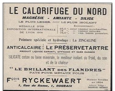 ROUBAIX - 59 - ISOLANTS F. RYCKEWART - PUBLICITE 1922 - Publicités