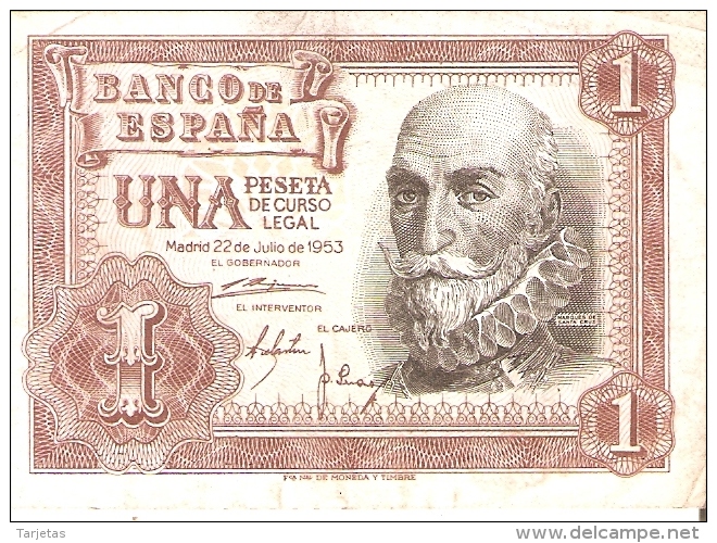 BILLETE DE 1 PTA DEL 22/07/1953 SERIE 1D CALIDAD BC  (BANKNOTE) - 1-2 Pesetas