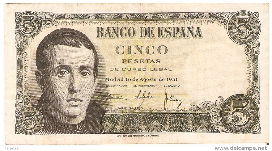 BILLETE DE ESPAÑA DE 5 PTAS DEL 16/08/1951 SERIE 1L EN CALIDAD MBC (BANKNOTE) - 5 Peseten