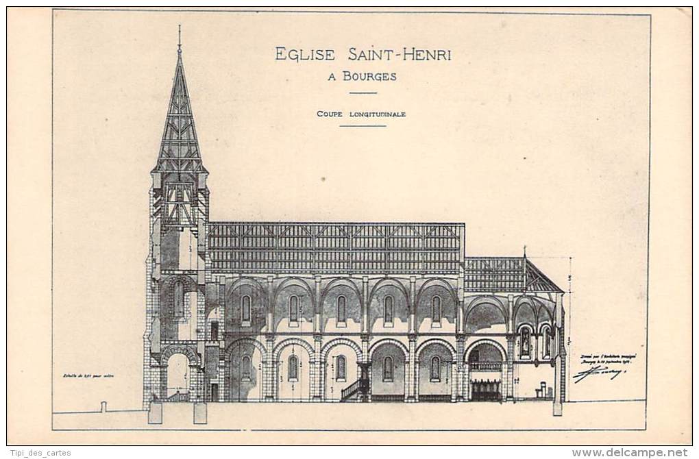 18 - Bourges - Eglise Saint-Henri, Coupe Longitudinale - Bourges