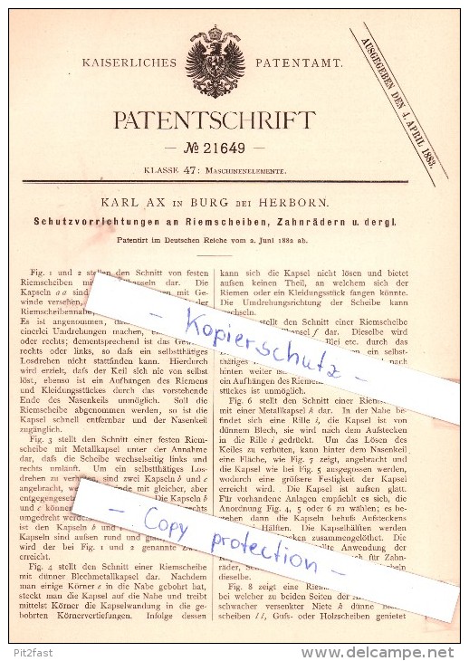 Original Patent - Karl Ax In Burg Bei Herborn , 1882 , Schutzvorrichtungen An Riemscheiben !!! - Herborn