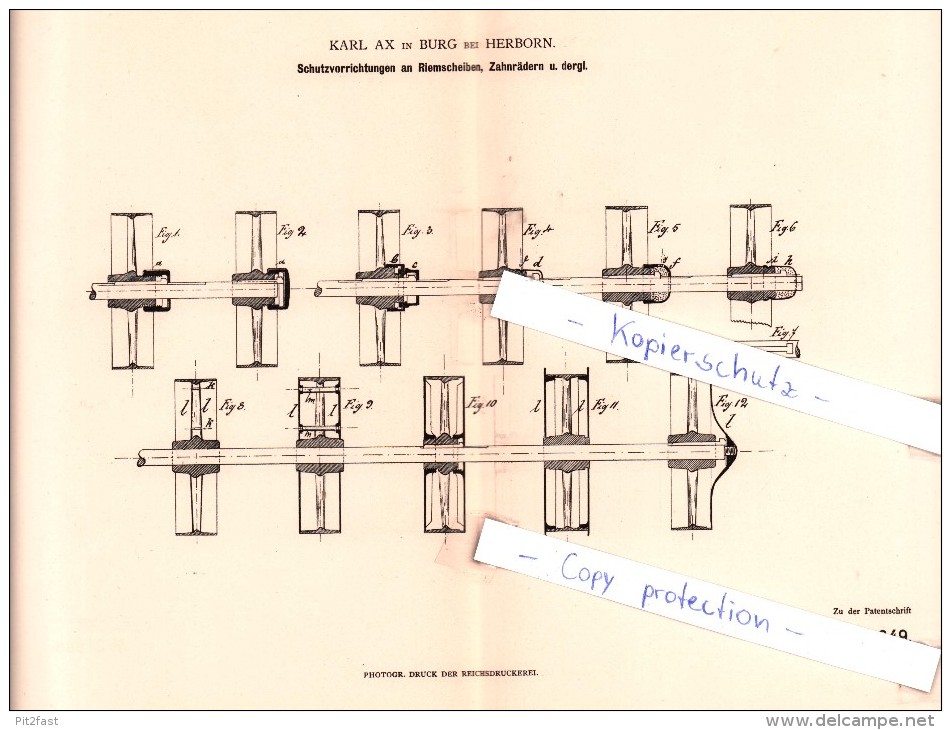 Original Patent - Karl Ax In Burg Bei Herborn , 1882 , Schutzvorrichtungen An Riemscheiben !!! - Herborn