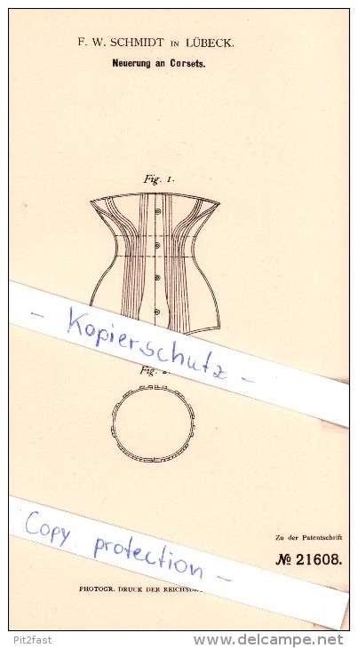 Original Patent - F. W. Schmidt In Lübeck , 1882 , Corset , Korsett !!! - Antes De 1900