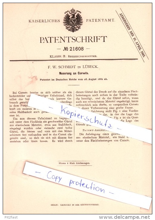 Original Patent - F. W. Schmidt In Lübeck , 1882 , Corset , Korsett !!! - Avant 1900