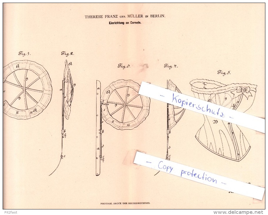 Original Patent - Therese Franz Geb. Müller In Berlin , 1882 , Einrichtung An Corsets , Corset , Korsett !!! - Avant 1900