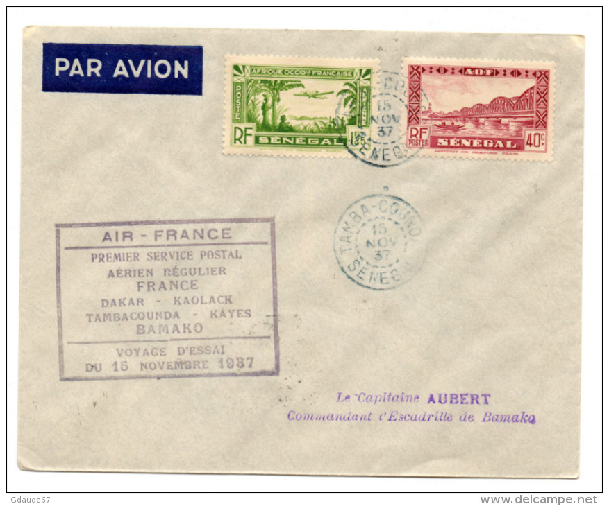 1937 - ENVELOPPE De TAMBA COUNDA (SENEGAL) Avec CACHET "VOYAGE D'ESSAI DU 15 NOV 1937 / PREMIER SERVICE POSTAL AERIEN" - 1960-.... Cartas & Documentos