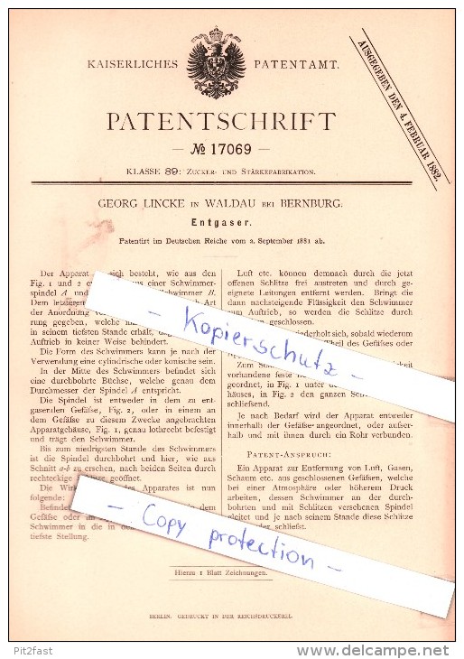 Original Patent - George Lincke In Waldau Bei Bernburg , 1881 , Entgaser !!! - Bernburg (Saale)