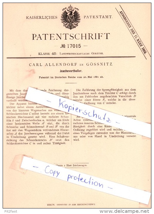 Original Patent - Carl Allendorf In Gössnitz , 1881 ,  Jauchevertheiler !!! - Heldrungen