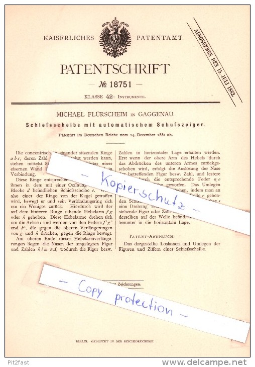 Original Patent - M. Flürscheim In Gaggenau , 1881 , Schießscheibe Mit Schußzeiger , Schützenverein , Jagd !!! - Gaggenau