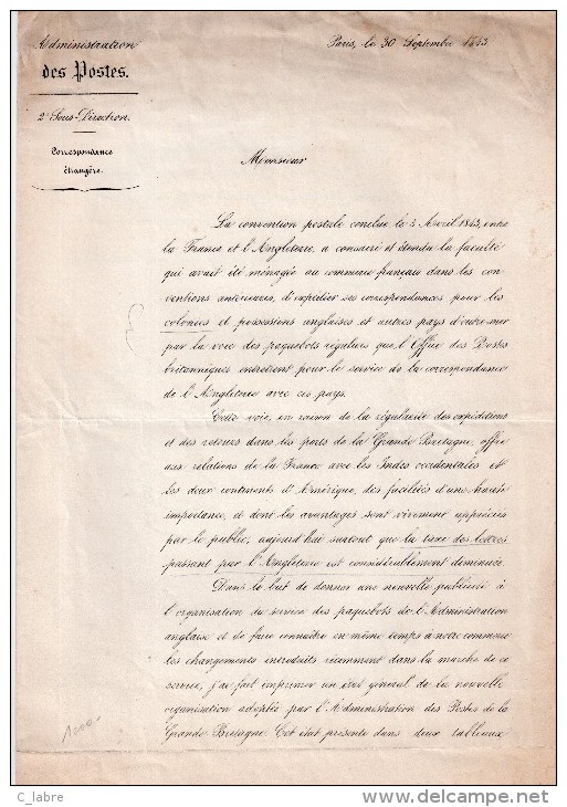 FRANCE : TEXTE SUR LA CONVENTION POSTALE . FRANCO- BRITANNIQUE . DE L'EXPÉDITION DES CORRESPONDANCES . - Documents Historiques