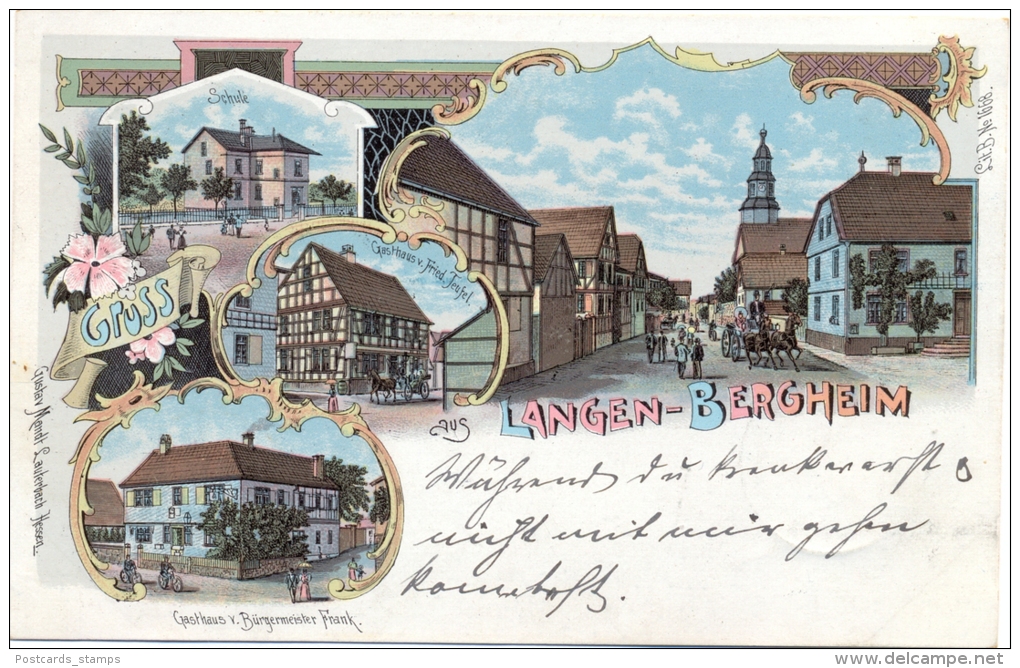 Langen-Bergheim, Farb-Litho Mit Gasthaus Frank Und Gasthaus, Teufel, 1899 - Main - Kinzig Kreis