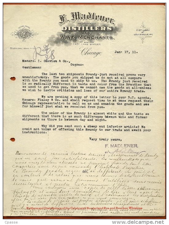 Courrier Commerce Du Cognac SAUVION Réclamation 1911 - F. MADLENER - CHICAGO Import Alcool Avant Prohibition * 16 - Estados Unidos